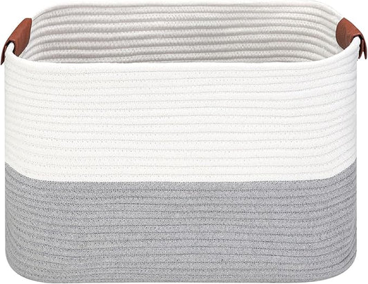 Small Cotton Rope Storage Basket with Leather Handles, 15 "L x 11.5" W x 7.5 "H, Home Decor Basket, Durable & Stylish Organizer for Home.(Small Gray)