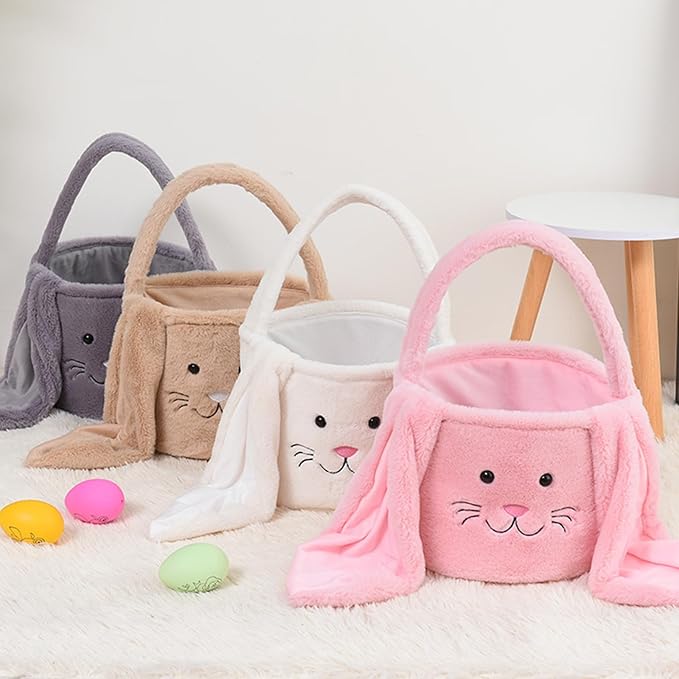 Plush Easter Bunny Basket Bags for Kids, Rabbit Bucket Tote with Long Fluffy Ears, Cute Egg Hunts Party Storage Candy Gifts Carry Bucket Decorations (White + Pink)
