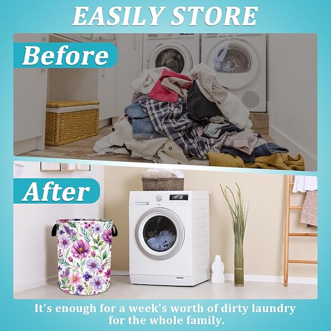 Purple Watercolor Floral Laundry Basket, Foldable Waterproof Oxford Cloth Laundry Hamper Funny Tote Bag Dirty Clothes Storage Bucket Toy Organizer for Bathroom/Laundry/Bedroom 15.7"x19.6"