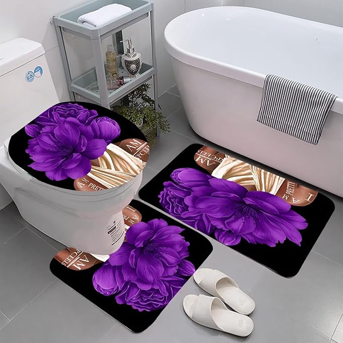 4 Pcs Purple Girl Shower Curtain Sets African American Woman Rose Floral Quotes Non-Slip Rugs Bath Mat Toilet Cover U Shaped Mat Shower Curtain with 12 Hooks Bathroom Set