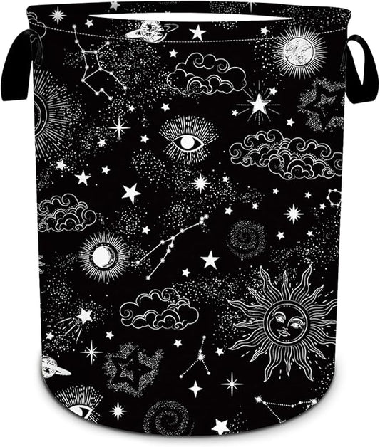Sun Moon Laundry Basket, Galaxy Space Laundry HamperFoldable Waterproof Oxford Cloth Funny Tote Bag Dirty Clothes Storage Bucket Toy Organizer for Bathroom/Laundry/Bedroom 15.7"x19.6"