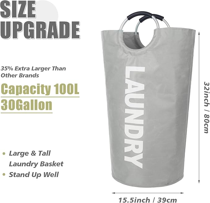 Twira 100L Large Laundry Basket, Laundry Hamper Stands Up Well, Laundry Bag with Padded Handles, Waterproof Clothes Bin Collapsible, Clothes Hamper for Bathroom, Laundry, College (Light Grey)