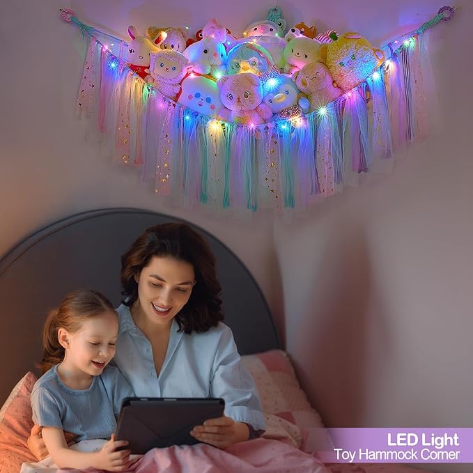 FIOBEE Stuffed Animals Net or Hammock with LED Light, Toy Hammock Hanging Stuffed Animals Storage Organizer Holder Room Décor for Nursery Kids Bedroom