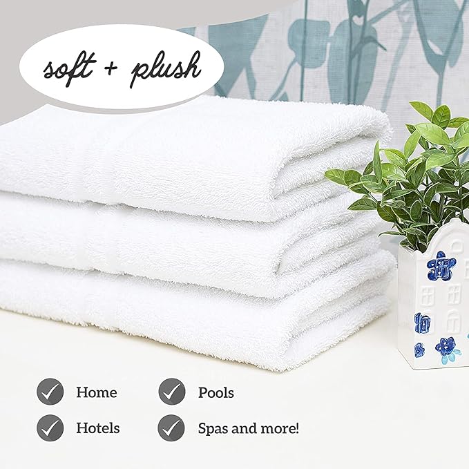 GREEN LIFESTYLE Luxury Bath Towel - White Large Bath Towels Pack for Spa, Gym, Bathroom, Hotel - 86% Cotton 14% Polyester -Super Soft, Thick and Absorbent 24 x 50 Bulk Bath Towel - (48-Pack)