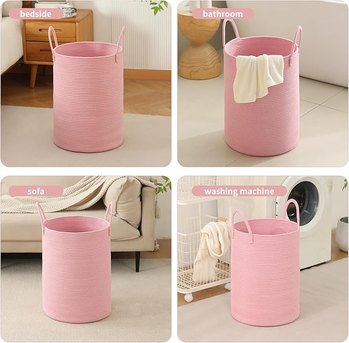 Woven Laundry Hamper Tall Rope Storage Basket for Blanket toys Dirty Clothes in Living Room Bathroom Bedroom (Pink, 100L/26.4Gal)
