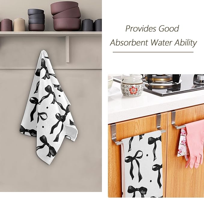 2 Pcs Black and White Bows Hand Towels for Bathroom,Soft Absorbent Cute Black Girly Bow Aesthetic Decorative Dish Towels for Kitchen,Quick Dry Guest Bathroom Towels for Face,Shower 14"x28"