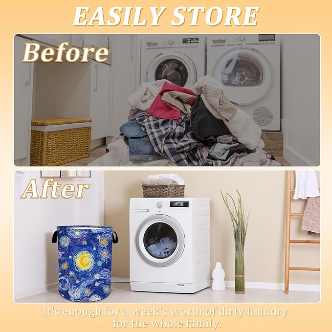 Starry Night Laundry Basket, Foldable Waterproof Oxford Cloth Laundry Hamper Funny Tote Bag Dirty Clothes Storage Bucket Toy Organizer for Bathroom/Laundry/Bedroom 15.7"x19.6"