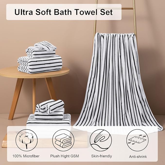 4 Pcs Black White Cabana Stripe Large Bath Towels 35"x70" Oversized Bath Sheet Soft Breathable Jumbo Bathroom Towels Highly Absorbent Shower Towels Quick Dry Beach Chair Towel Spa Gym Hotel Towel Set