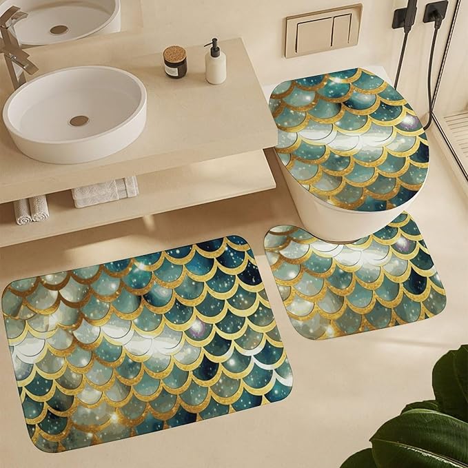 4 Piece Bathroom Rug Set with Shower Curtain, Non-Slip Bath Mat Toilet Cover Set, Golden Glittering Fish Scales Bathroom Rug Sets