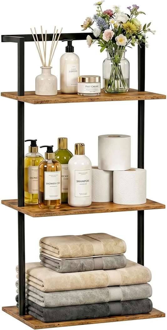 3-Tier Over The Toilet Storage Rack, Metal Wood Wall Mounted Floating Shelves for Bathroom Living Room Office, Rustic Brown