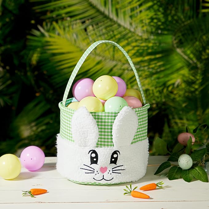 CHOIEO Plush Easter Baskets with Embroidered Bunny Face for Egg Hunts, Gifts, Toys and Spring Decor (Blue+Green)