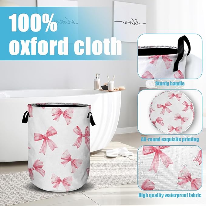 Pink Bow Laundry Basket, Laundry Hamper Collapsible Oxford Cloth with Handle Clothes Toy Storage Bin for Bathroom Laundry Room Bedroom 15.7 X 20 Inch