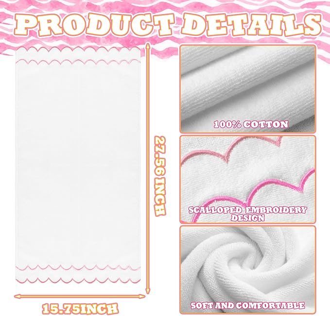 2 Pcs Scalloped Hand Towels 100% Cotton Fingertip Towels for Bathroom 15.75 x 27.56 Inch 600 GSM Cute Soft Absorbent Embroidered Decorative for Home Hotel(Pink,Classic)