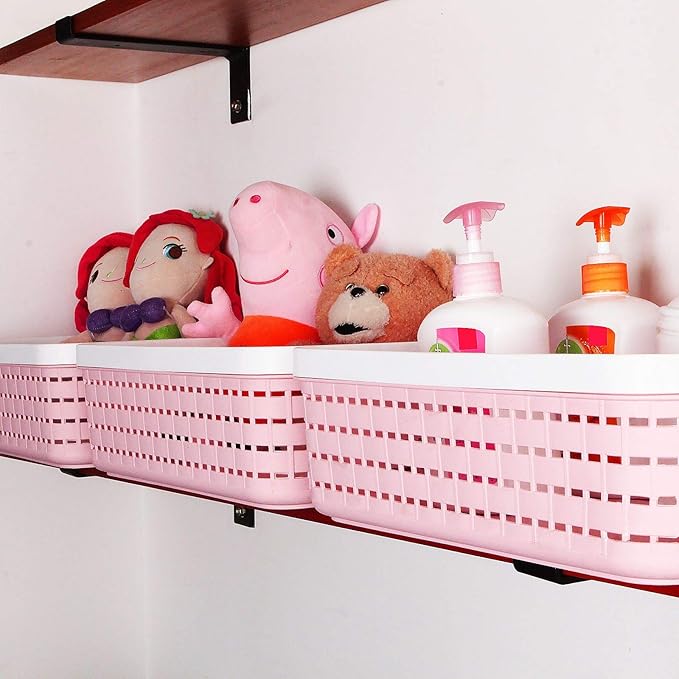 CertBuy 3 Pack Plastic Storage Baskets 14 x 10 x 4.5 Inch, Large Weave Storage Bins with Handle for Cabinet, Shelf, Kitchen, Bedroom, Bathroom and office – Pink