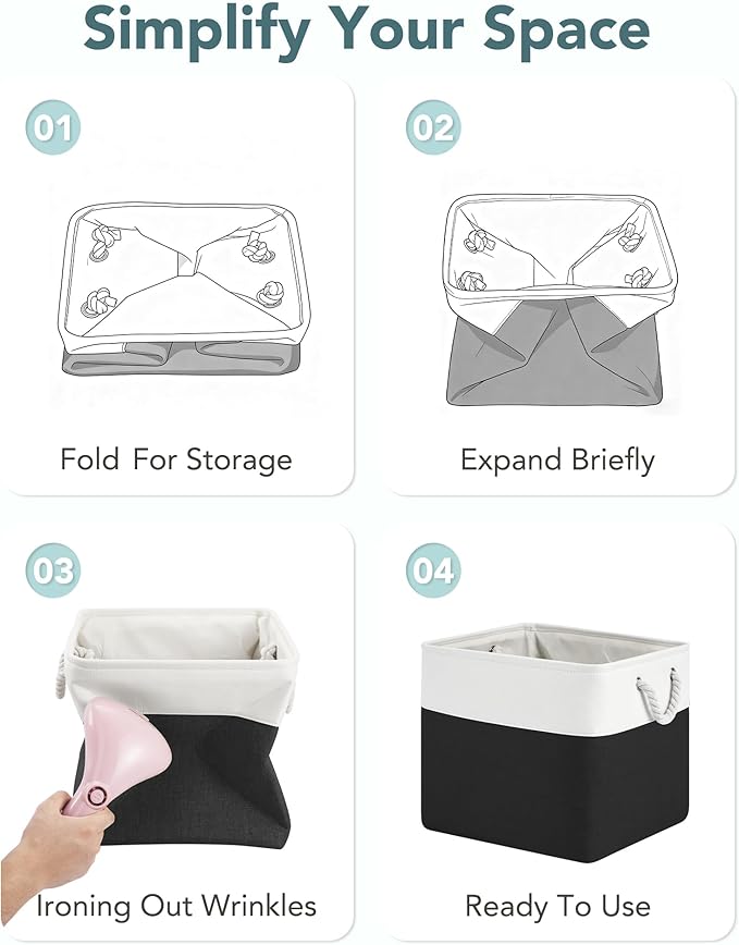 13x15x13 Storage Cube Bins, Heavy Duty Foldable Fabric Storage Bins with Handles and Metal Frame, 6 Pack Large Closet Organizer Bins for Clothes, Socks, Towels, White Black