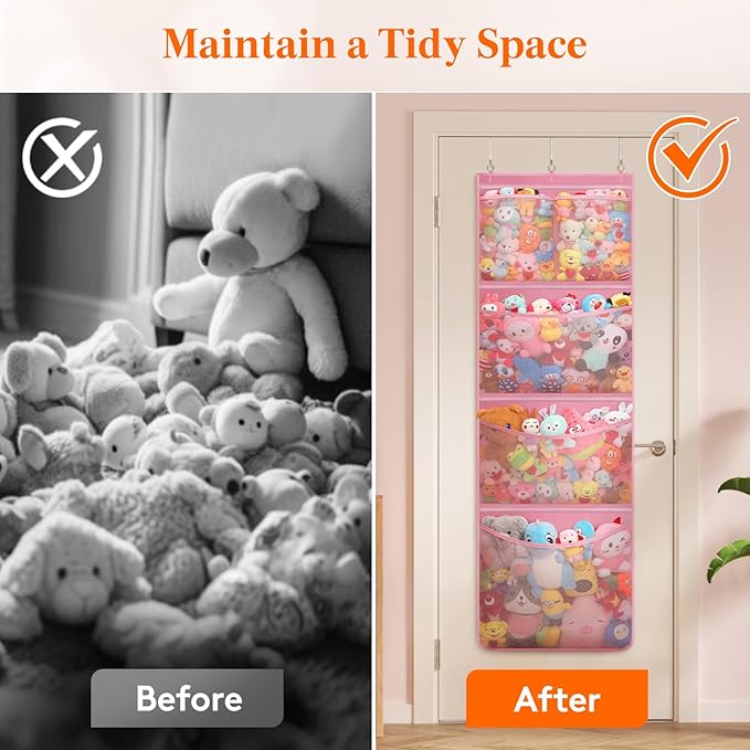 Lifewit Stuffed Animal Storage, Over the Door Organizer with 5 Expandable Mesh Pockets, Breathable Oxford Fabric Hanging Kid Baby Plush Toy Holder for Nursery, 167 cm (65.8'') High, Pink, 1 Pack