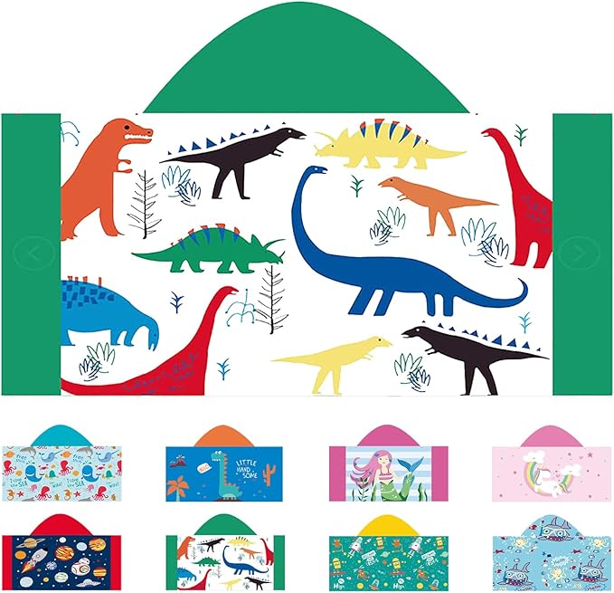 Hooded Beach Towel, Microfiber Hooded Beach Towel For Kids Toddler Infant Boy Girl, Beach Towel with Hood For Bath Pool Swim Summer Beach Essentials Cartoon Shower Gifts (24x50 Inch, Dinosaur Green)