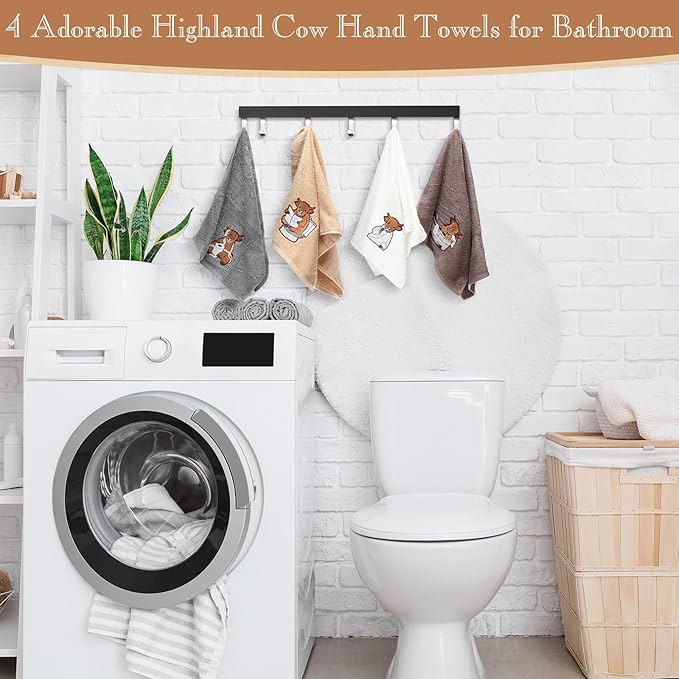 4 Pcs Highland Cow Bathroom Towels Cow Hand Face Wash Towels 29" x 13" Cotton Funny Embroidered Farmhouse Decorative Bathroom Decoration for Kitchen Accessories Housewarming