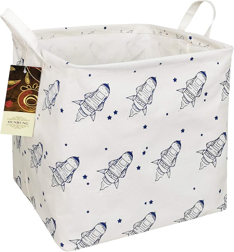 HUNRUNG Square Storage Bins Nursery Hamper Canvas Laundry Basket Foldable with Waterproof Nursery Boxes for Shelves/Gift Baskets/Toy Organizer/Office, Bedroom (Square-Space airship)