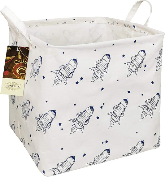 HUNRUNG Square Storage Bins Nursery Hamper Canvas Laundry Basket Foldable with Waterproof Nursery Boxes for Shelves/Gift Baskets/Toy Organizer/Office, Bedroom (Square-Space airship)