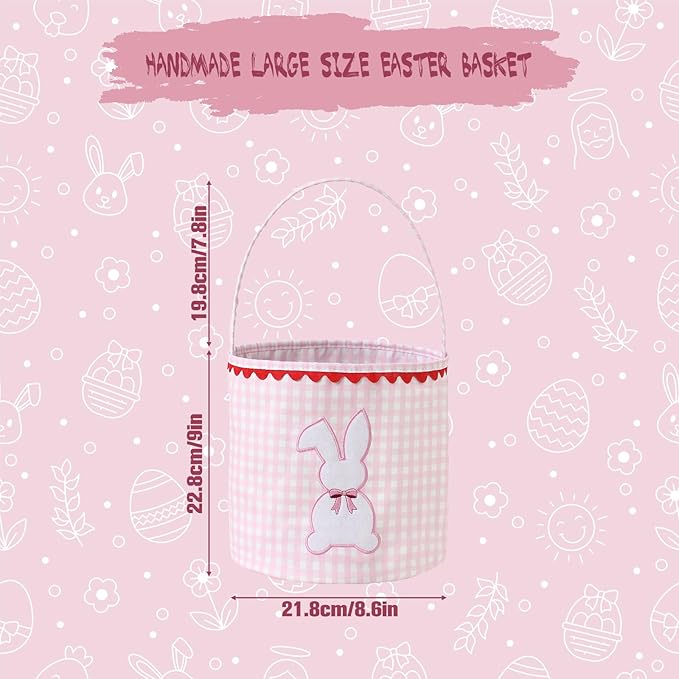 DYSHAYEN Bunny Easter Basket, Gingham Empty Easter Bucket with Handle for Easter Egg Hunts Party Favor Decorations (Pink)