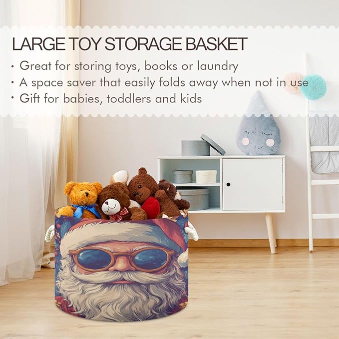 Blanket Storage Basket for Living Room - Hippie Santa Claus Large 20"x20"x14" Cotton Rope Handles Laundry Basket, Foldable for Toy Storage, Blanket Basket