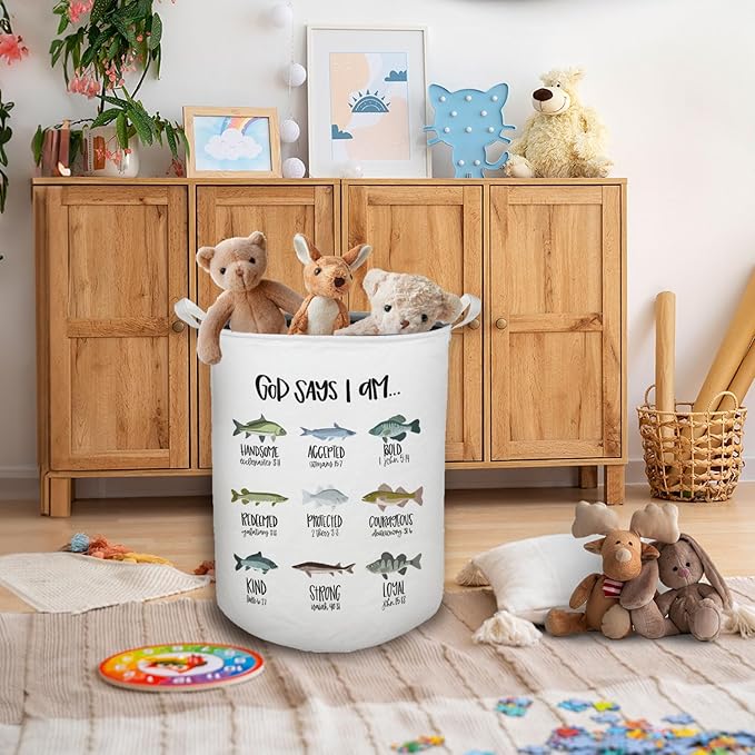 God Says I Am Fish Laundry Basket, Toybox for Boys Room, Christian Laundry Basket Hamper Waterproof Collapsible Clothes Toys Storage Bin Organizer for Bedroom Bathroom Kids Room Dorm