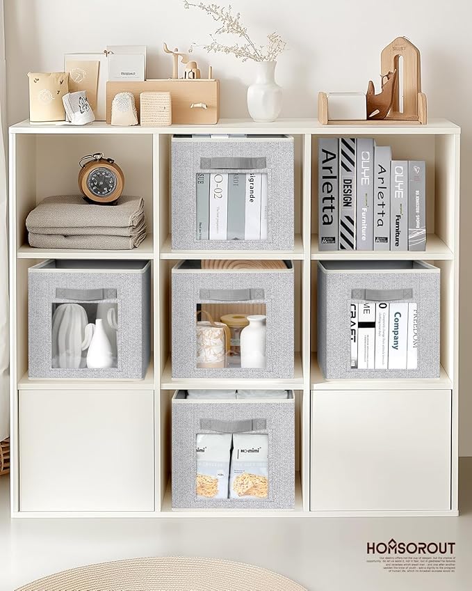 Foldable Storage Cubes - Cubby Storage Organizer with Window, Decorative Baskets for Organizing, 11 Inch Fabric Cube Shelf Bins, Set of 10, Light Gray