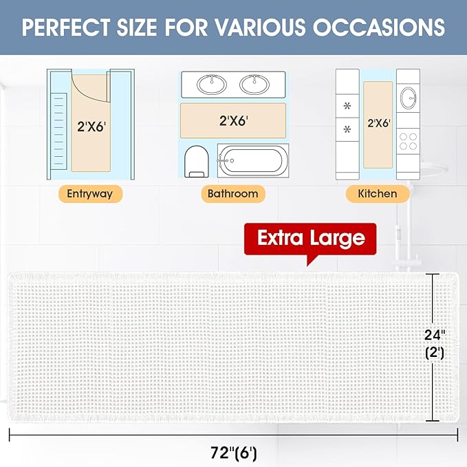 Accumtek Extra Large Waffle Bath Mat, 6'x2' White, Super Absorbent Non-Slip Quick Dry Bathroom Rugs with Tassels, Machine Washable Ultra Soft Boho Bath Rugs for Floor, Toilet Mats Boho Farmhouse Decor