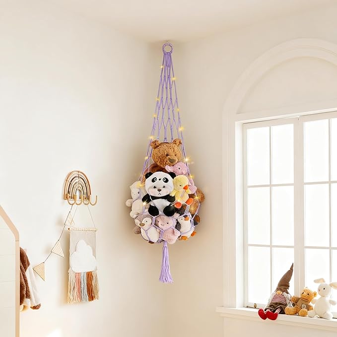 Stuffed Animal Hammock Corner Net with LED Light Plushies Storage Hammock for Stuffed Animals Boho Room Decor Macrame Wall Decor