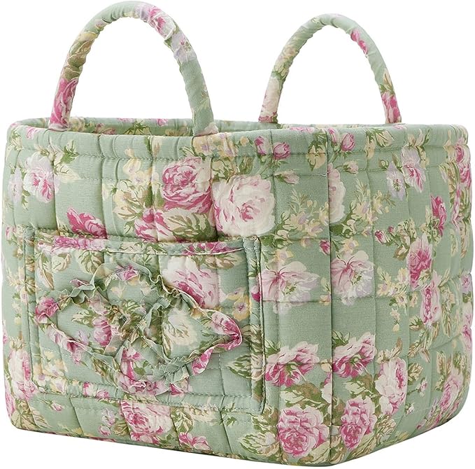 Boho Fabric Storage Basket, Large Capacity Laundry Basket, 12.2'' x 10.23'' x 10.23'' Collapsible Laundry Hamper with Easy Carry Handles (Army Green, L)