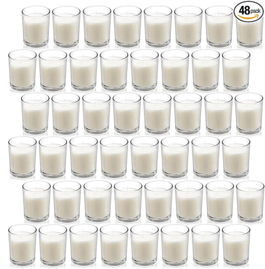 Housecret 48 Pack Warm White Unscented Clear Glass Filled Votive Candles. Hand Poured Wax Candle Ideal Gifts for Aromatherapy Spa Weddings Birthdays Holidays Party