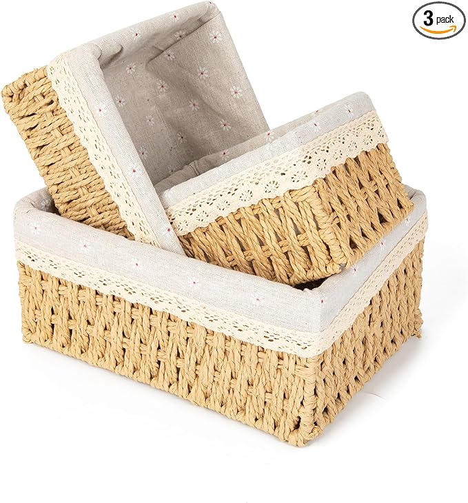 Wicker Baskets with Liner for Counter, Natural Paper Rope Rattan Storage Basket,Hand Woven Pantry Table Organizer Bins for Bedroom Living Room School Shelves Office Desk (3 Pack Beige)