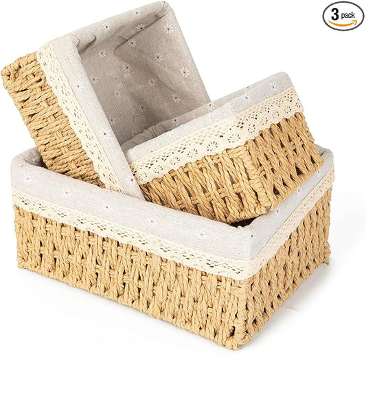 Wicker Baskets with Liner for Counter, Natural Paper Rope Rattan Storage Basket,Hand Woven Pantry Table Organizer Bins for Bedroom Living Room School Shelves Office Desk (3 Pack Beige)