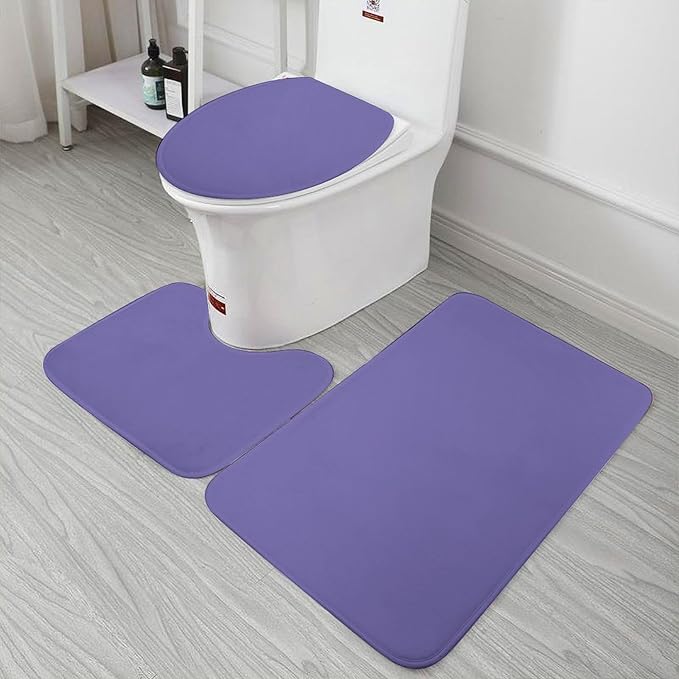3 Pieces Bath Rug Sets, Modern Big Family Solid Periwinkle Blue Bathroom Mat Set Non Slip U Shaped Contour Rug & Toilet Lid Cover