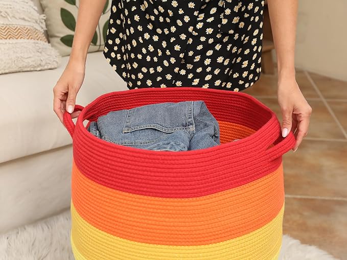26" x 20" Handcrafted Tall Cotton Rope Basket with Lid, Stylish Flagon Shape with Cover, Clothes Hamper with Top, for Bedroom and Living Room, Rainbow