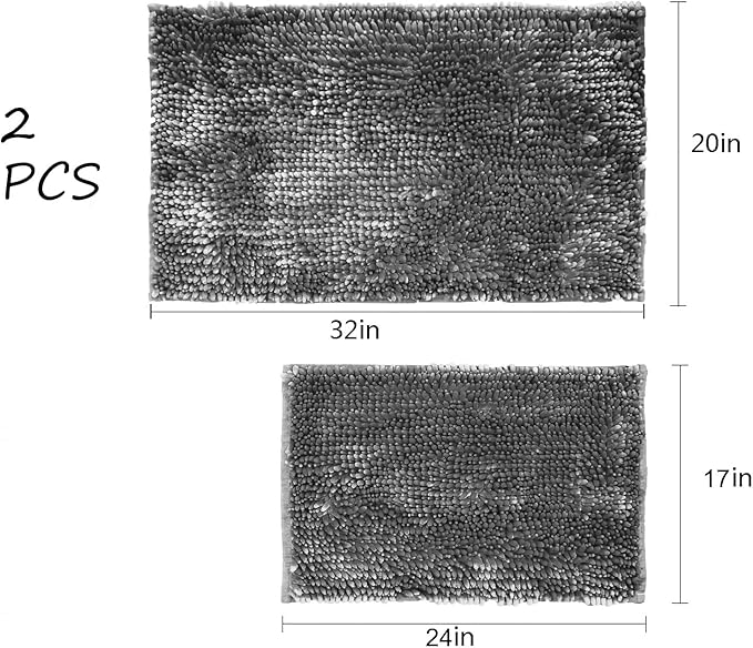 2-Piece Luxurious Ultrasoft Butter Chenille Bath Mats Set. Large Bath Mat and Sink Mat. 100% Polyester (Grey)