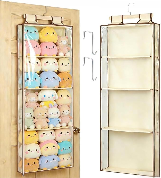 Stuffed Plush Holder for Squishmallow Storage | 2 in 1 Over the Door & Rack Hanging Organizer | with Extra Space-saving Pockets | Clear Solution for Organize Display
