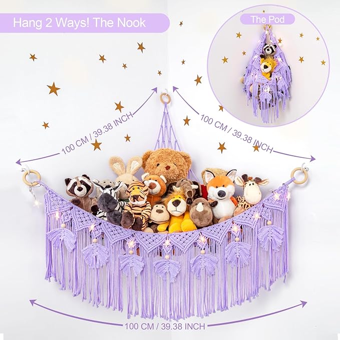ANROYE Macrame Stuffed Animal Storage with Star Light, Bear Purple Hammock for Girls Room Decor, Corner Hanging Mesh Organizer Idea for Nursery, Plushies Toy Wall Hanging Display Holder Kid Gift