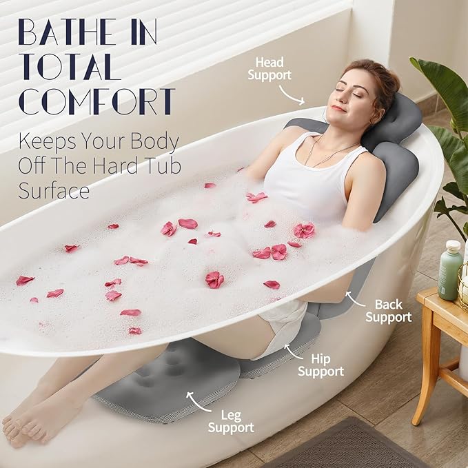 Full Body Bath Pillow for Bathtub, Thick Bathtub Cushion with Laundry Bag, Luxury Tub Pillow for Bath for Headrest Neck and Back Support Gray 56" x 16"