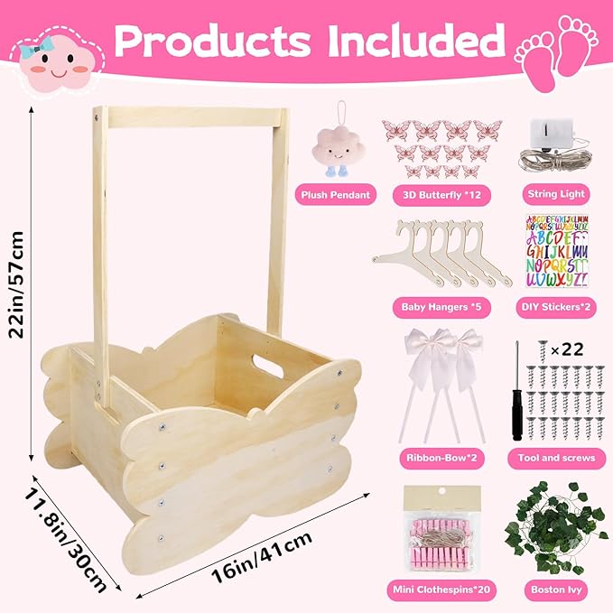 Baby Shower Basket, Wooden Baby Shower Crate Closet with Handle, Large Capacity Baby Closet Personalized Baby Gifts Basket for Newborn Girls, Pregnancy Gifts for New Parent