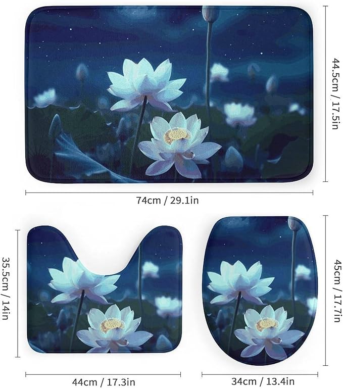 4 Piece Bathroom Rug Set with Shower Curtain, Non-Slip Bath Mat Toilet Cover Set, Night Flowers Bathroom Rug Sets