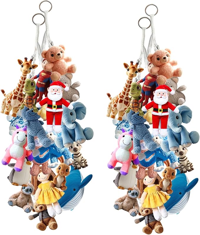 2 Pcs 80” Cotton Hanging Storage Chains for Stuffed Animal, Each Boho Display Chain Comes with 20 Metal Clips, Nursery Hanging Storage Organizer for Wall or Corner Nursery playroom (Beige)