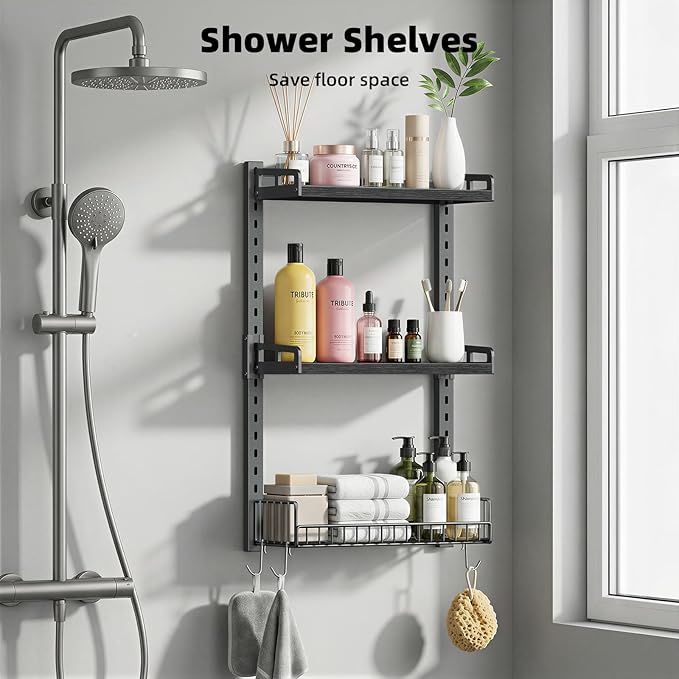 3 Tier Bathroom Shelves Over Toilet - Wall Mounted Floating Shelves with Drain Basket, Toilet Paper Storage, Height Adjustable Over The Toilet Storage, Pure Black