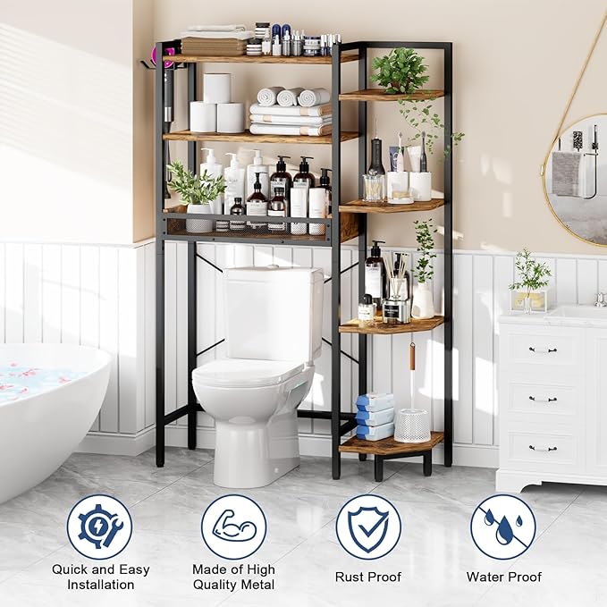 K1 Heavy Duty 7-Tier Over The Toilet Storage（With Basket and Paper Hook）Freestanding Above Toilet Shelf with Adjustable Feet，Space Saver Bathroom Shelves 9.3"D x 33.5"W x 63.8"H，Rustic Brown