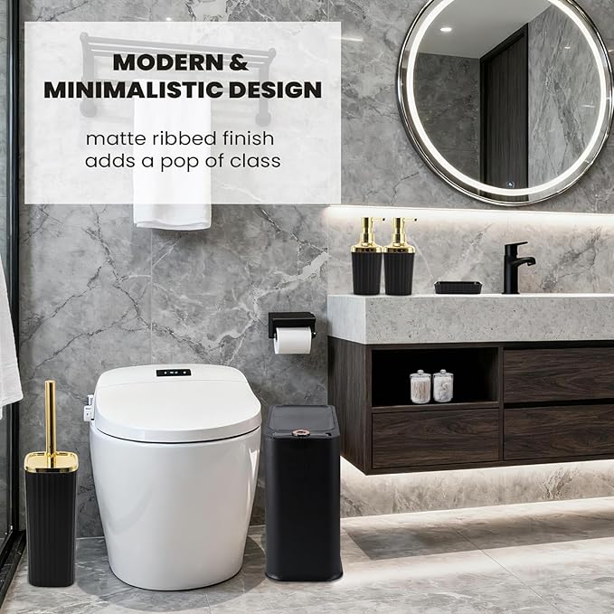9-Piece Black & Gold Bathroom Set with Press-Top Slim Trash Can - Modern Bathroom Accessories Sets with Toilet Brush, Soap Dispenser, Toothbrush Set, Soap Dish & Apothecary Jars