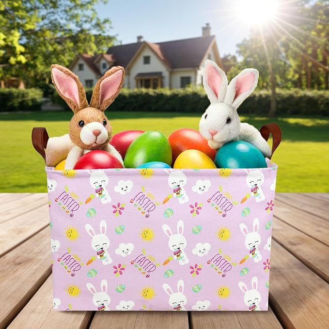 Large Rectangular Cute Kid Easter Basket Empty Bunny Eggs Easter Basket Gift Spring Room Storage Organizer Décor (Sun Cloud Rabbit Easter Egg)