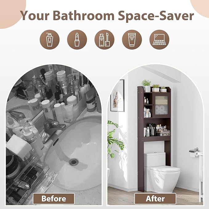 ZenStyle Over The Toilet Cabinet Double Door Wood Bathroom Storage Organizer with Adjustable Shelves, Cubby and Tempered Glass Door (Brown)