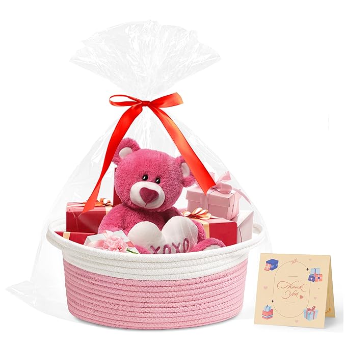 Small Woven Basket with Gift Bags and Ribbons Cute Baskets for Gifts Empty 12"x8"x5" Small Rope Toy Basket for Babies Baskets for Storage, White & Pink