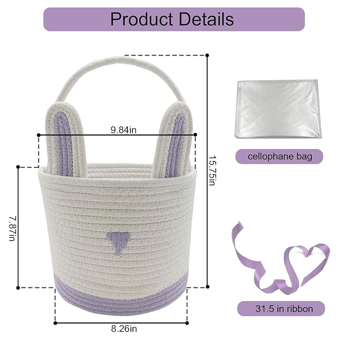 2 Pack Large Woven Easter Baskets for Girls & Kids - Empty Basket with Gift Bags and Ribbons Cute Easter Decorations Bunny Ears Designs (Pink+Purple)